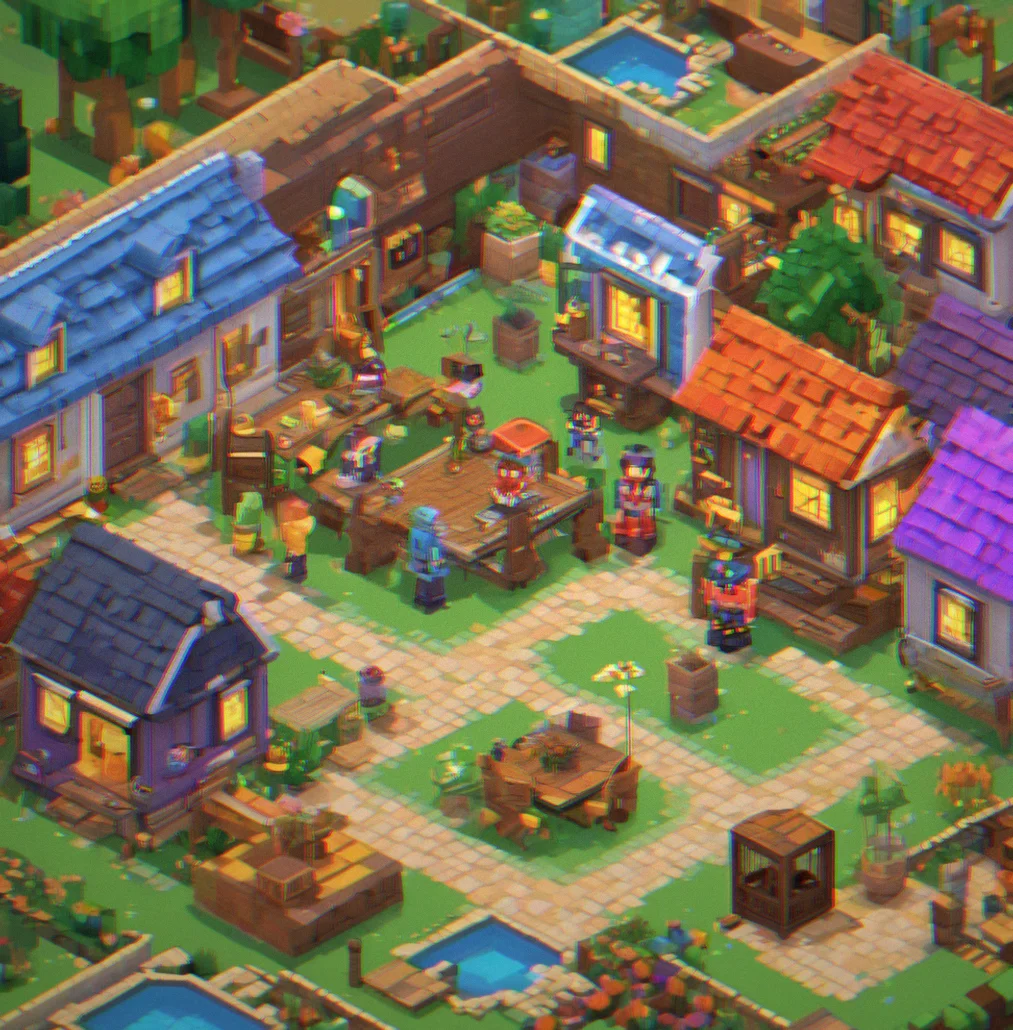 A 10-year-old sits at a desk with a tablet, stacking vocel blocks to build a bright, colorful house in the builder interface