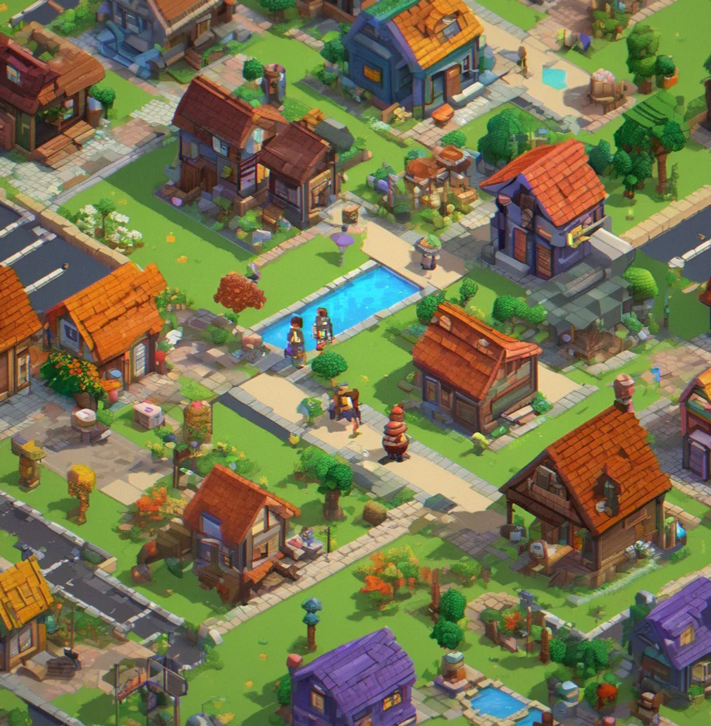 An isometric voxel cityscape stretching across the screen with different neighborhoods built by different people, each one with its own look and color scheme