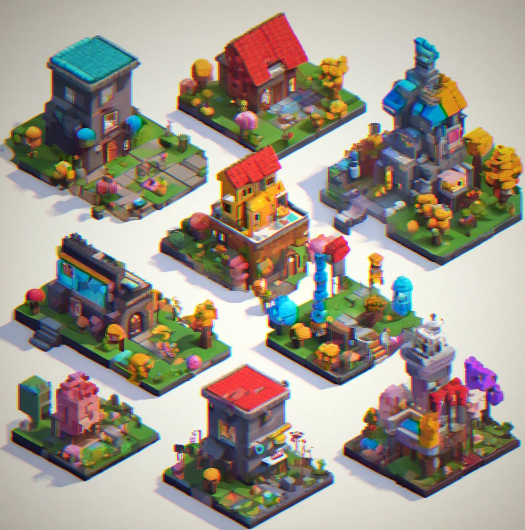 Mobile screen showing a feed of five user builds: a voxel castle, pixel creature, modular chair, abstract form, and collaborative neighborhood. Each has the creator's name and remix count displayed.