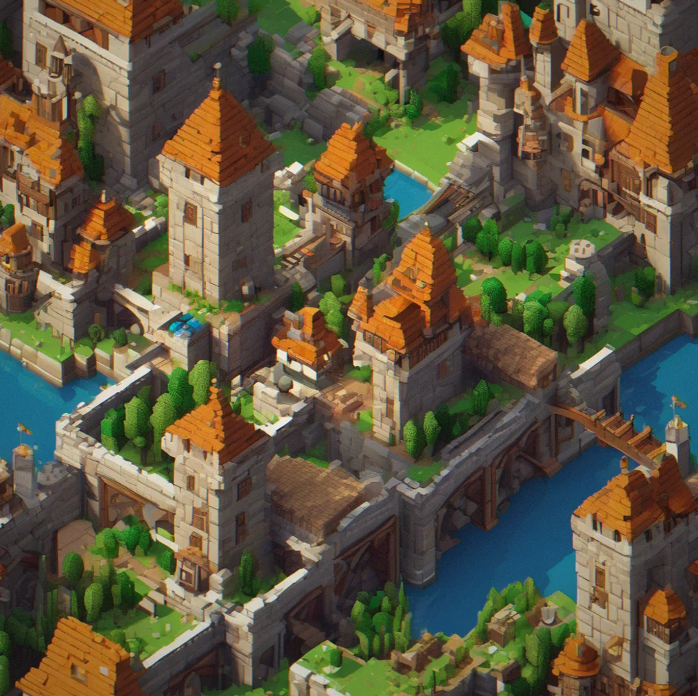 A multi-story voxel castle with turrets and a bridge, vjewed from an isometric angle showing intricate detail in the stonework