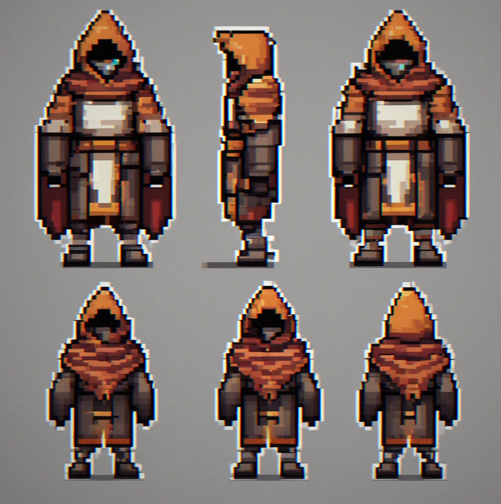A pixel art character sprite showing a hooded archer in four animation frames arranged horizontally