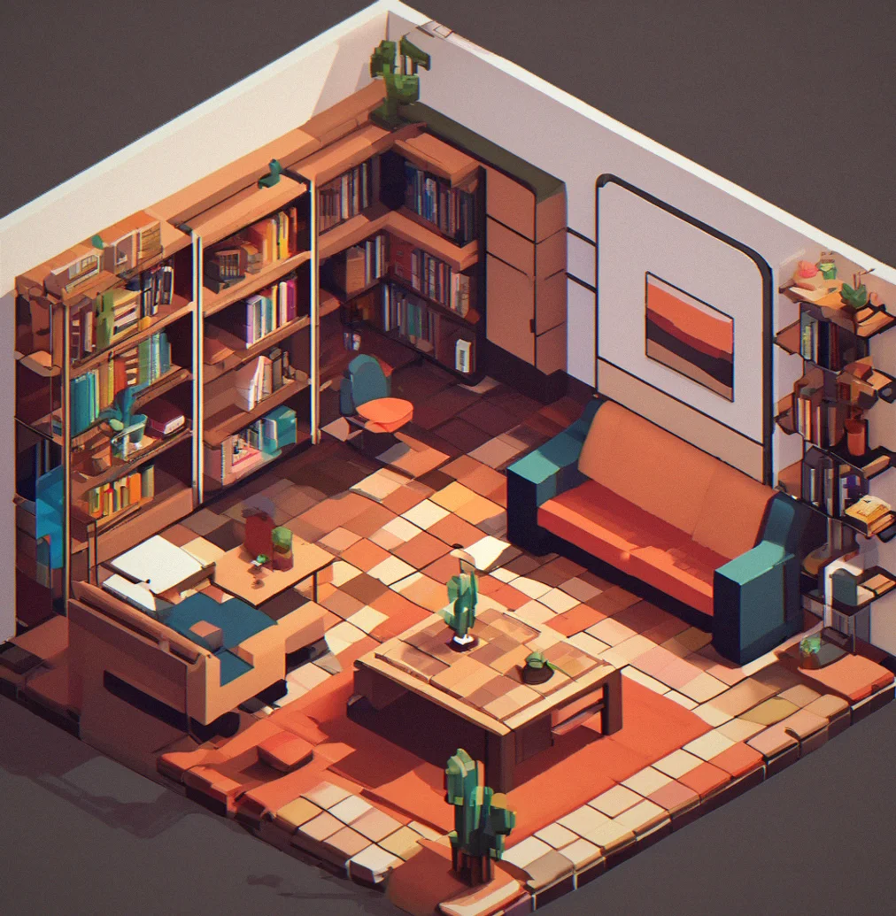 A modular furniture system showing a sofa, bookshelf, and table as separate component pieces arranged in a grid