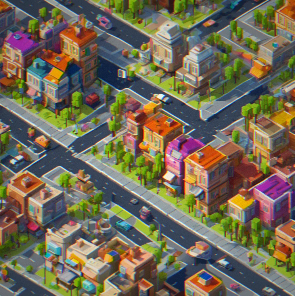 A sprawling voxel city district viewed from above, showing streets, parks, and buildings in different color palettes and architectural styles