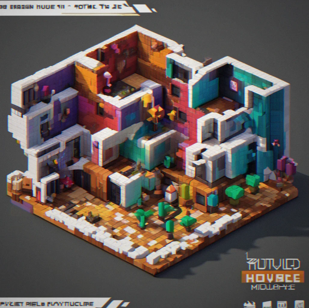 A featured build card showing an original voxel structure with creator name, three remix versions displayed below in a chain showing evolution of the design