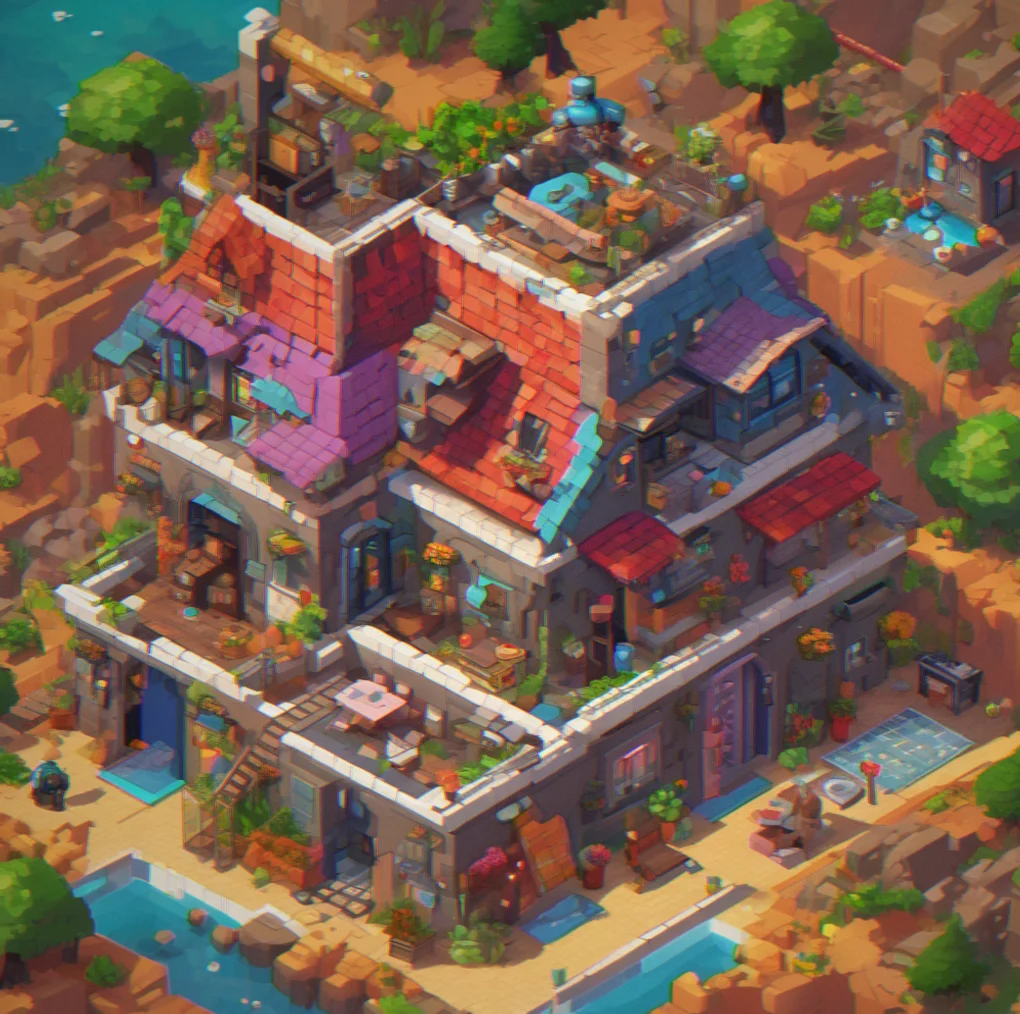 Full structure visible from above, all pieces in place, colors and textures finished, looks complete
